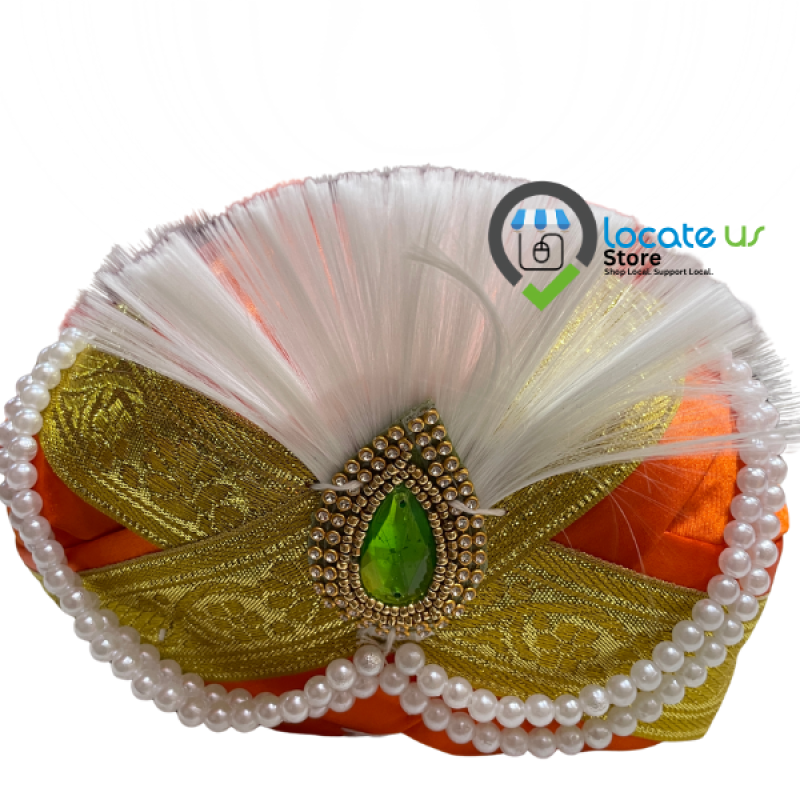 Imperial Saffron Orange Mysore Peta – Premium Wedding Peta with Emerald-Green Kalgi, Designer Pearl Chains & White Plume by Locate Us Store