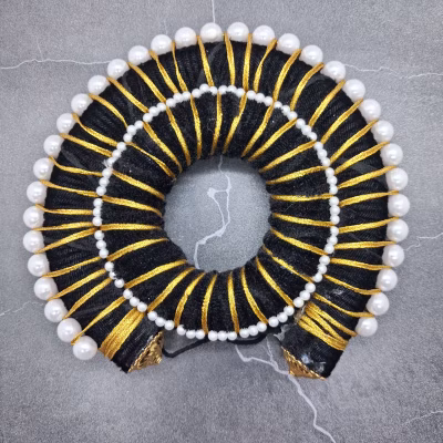 Varamahalakshmi Pearl & Golden Ribbon Hair Bun Gajra (17 cm) | Lakshmi Face Decoration Juda Bun Cover | Bridal, Bharatanatyam, Classical Dance & Festival Hair Accessory